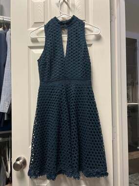 Aqua Navy Blue Circle Crochet Lace High Neck Sleeveless Mini Dress